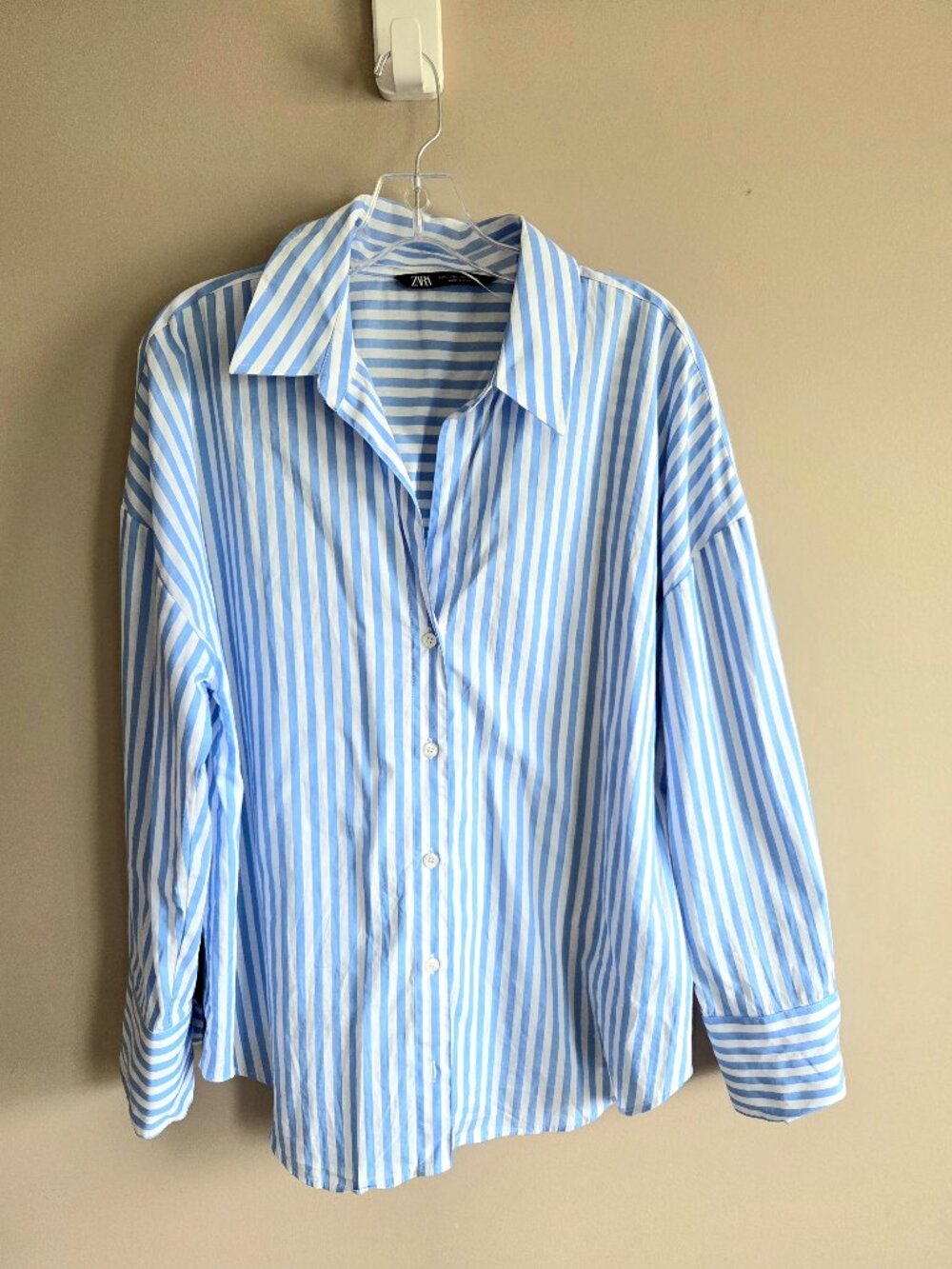 Zara 100% Cotton Blue White Stripes Shirt Blouse Button Down Casual Comfy L
